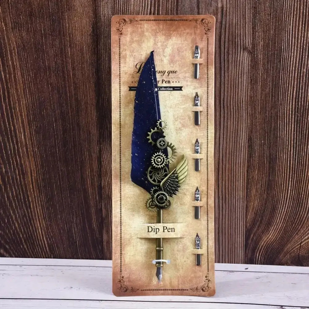 Retro Feather Dip Pen – Vintage Metal Calligraphy Set, 5 Nibs