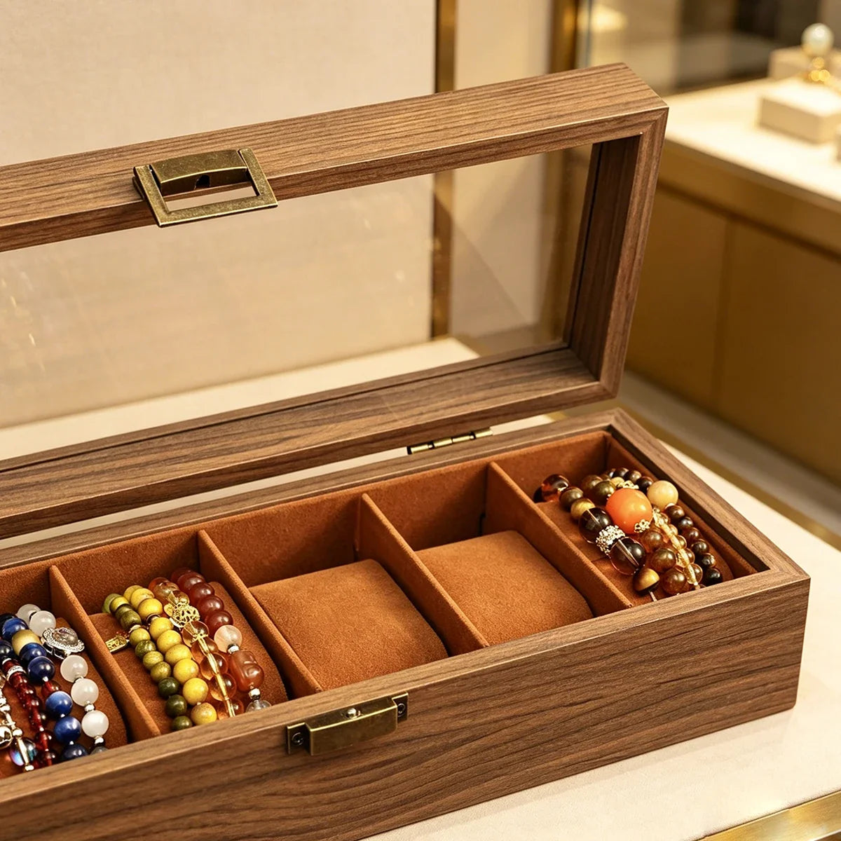 Wooden Bracelet Multi Slot Jewelry Storage Box Velvet Lined Bead
