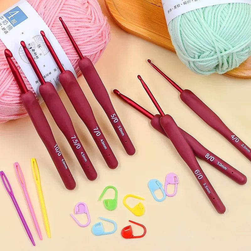 Aluminum Tulip Red Crochet Hook Frosted Handle TPR Silicone Sweater