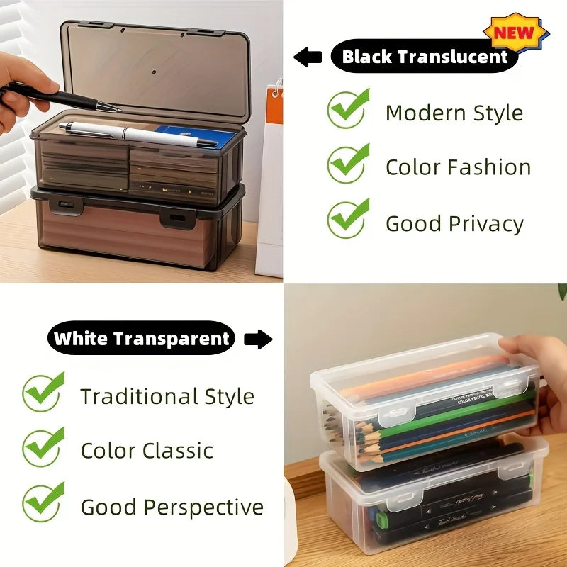 Black Transparent Plastic Storage Box Lid Pens Pencils Markers School