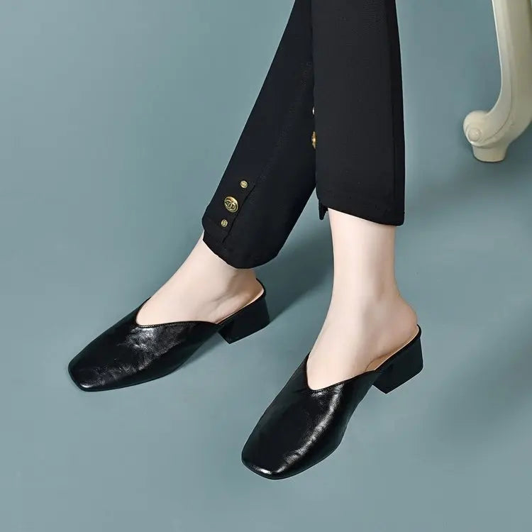Women's Retro Square-Toe Chunky Heel Mule Sandals | Slip-On