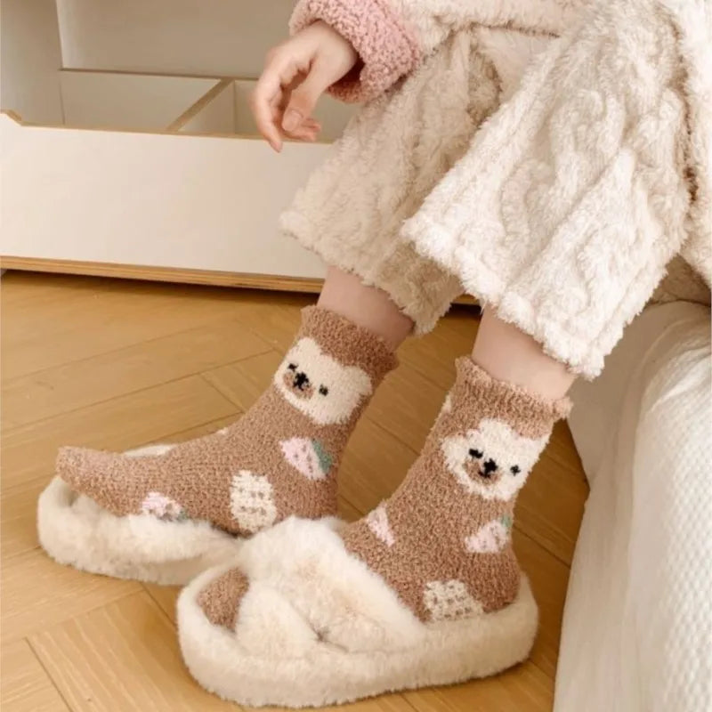 Women's Cozy Coral Fleece Socks – Cute Strawberry Bear Plush