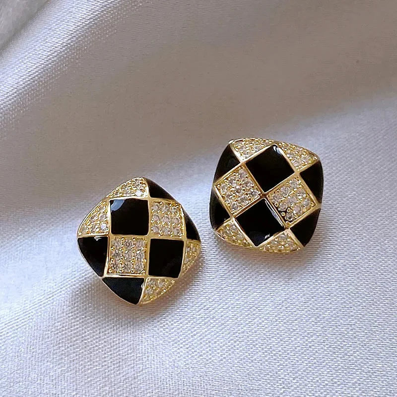 Huitan Gold Grid Stud Earrings – Geometric CZ Fashion Jewelry