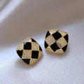 Huitan Gold Grid Stud Earrings – Geometric CZ Fashion Jewelry