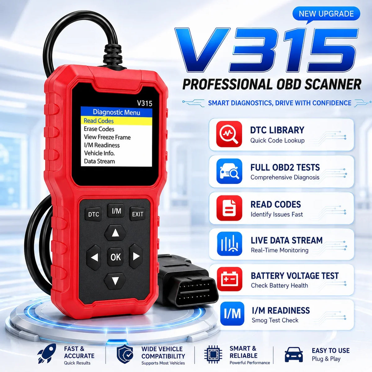 V315 OBD2 Scanner – 10-Second Check Engine Code Reader