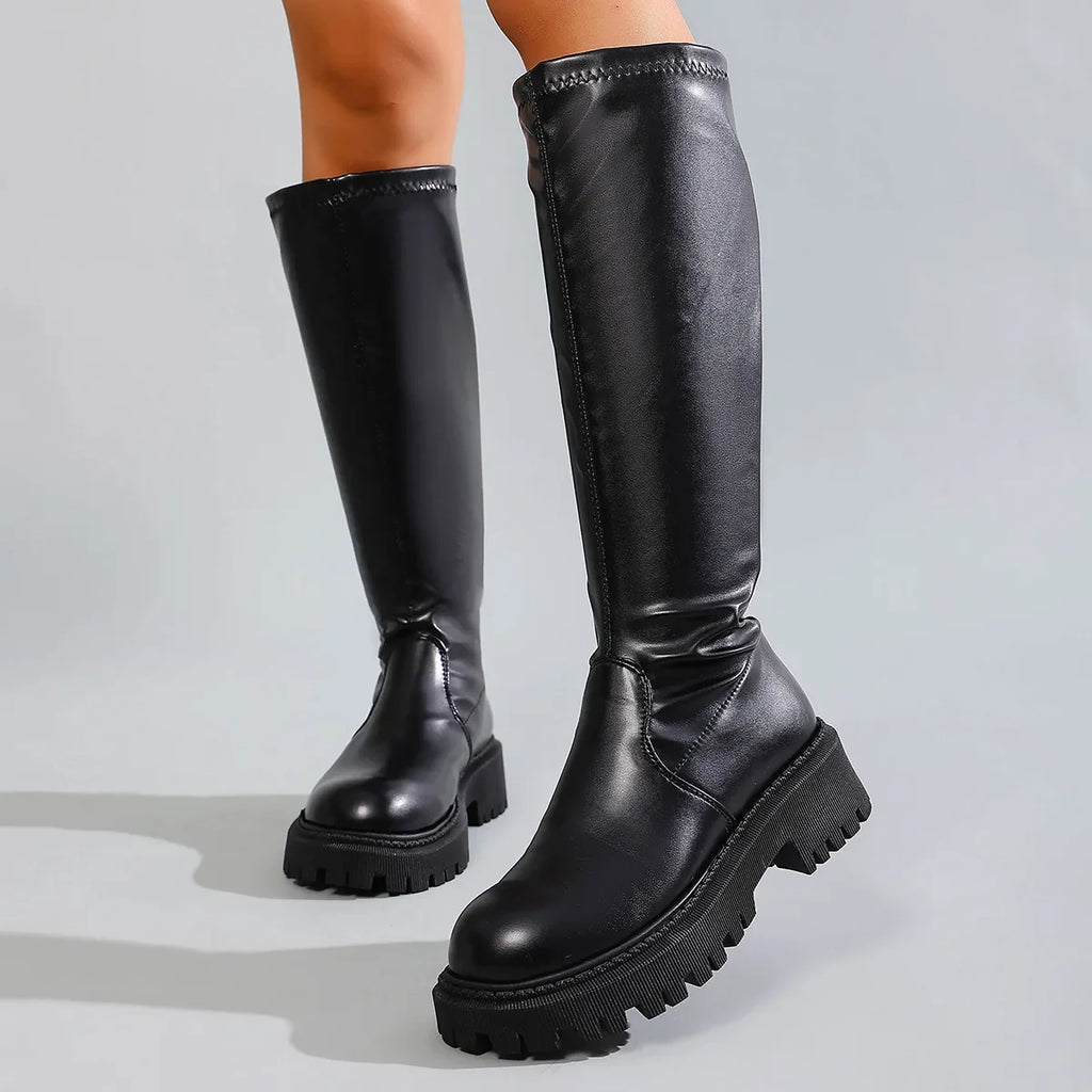 Women's Square Heel Knee-High Boots – Slip-On Faux Leather