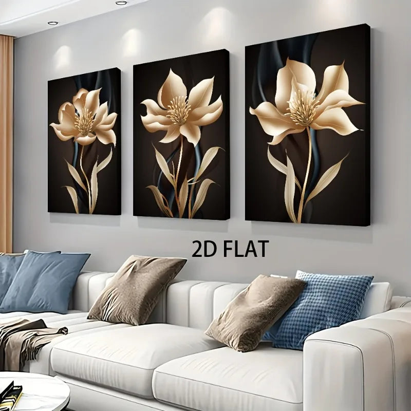 3-Piece Black & Gold Floral Canvas Wall Art | Modern Abstract