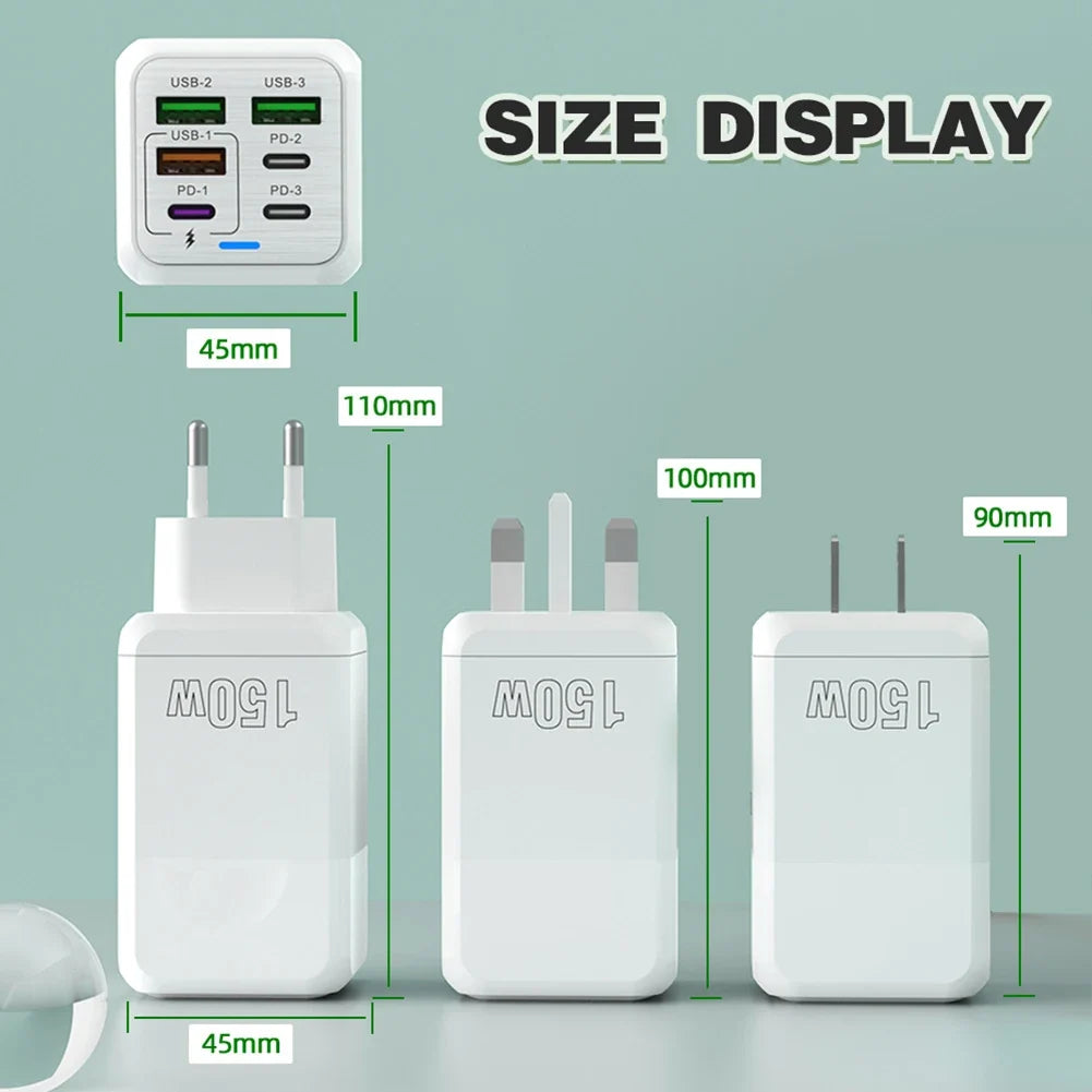 150W 6-in-1 Multi-Port Fast Charger | 3 USB + 3 PD