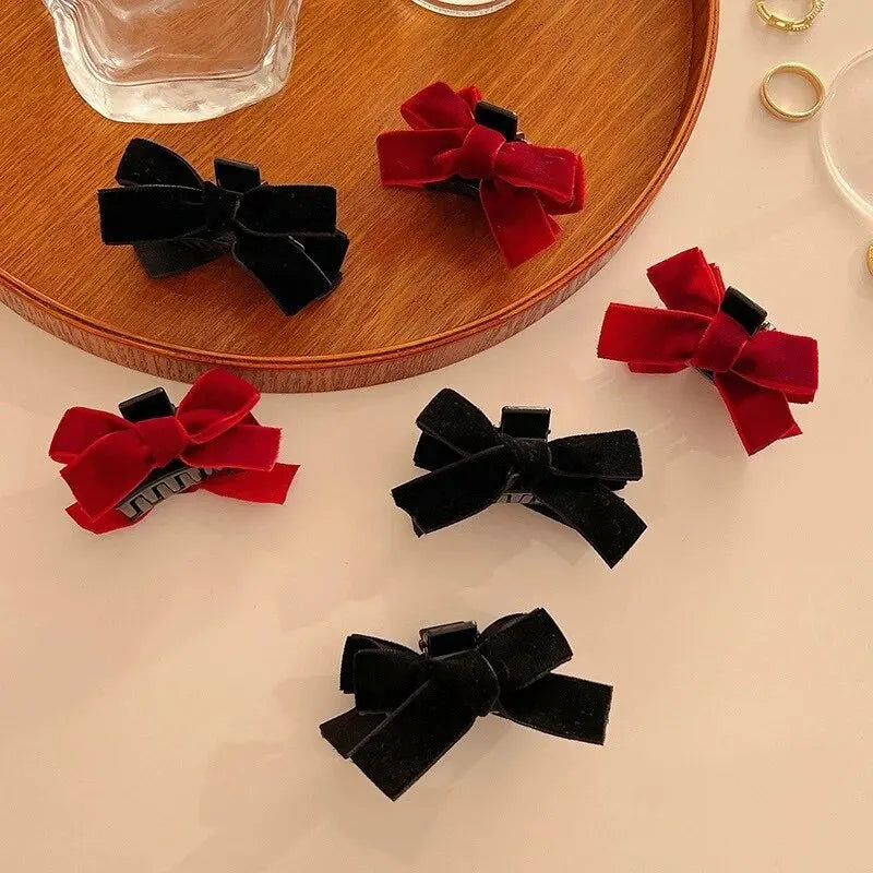 Black Bow Small Grab Clip Women's Autumn Winter Vintage Velvet Bangle