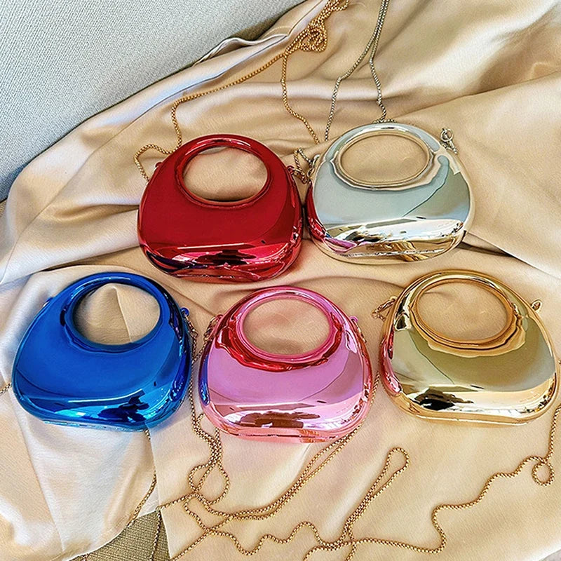 Women's Acrylic Half Moon Crossbody Bag – Metallic Chain Purse
