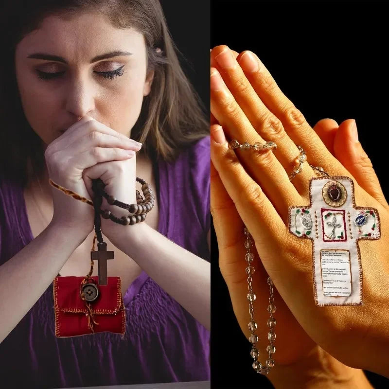 Cross Knit Prayer Pocket Shrine Silver Inside Christian Holy Storage
