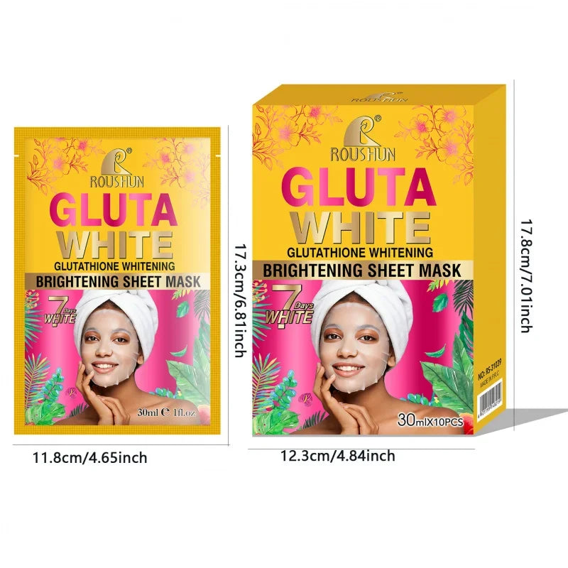 ROUSHUN Gluta White Facial Sheet Mask – Moisturizing, 10 Pcs