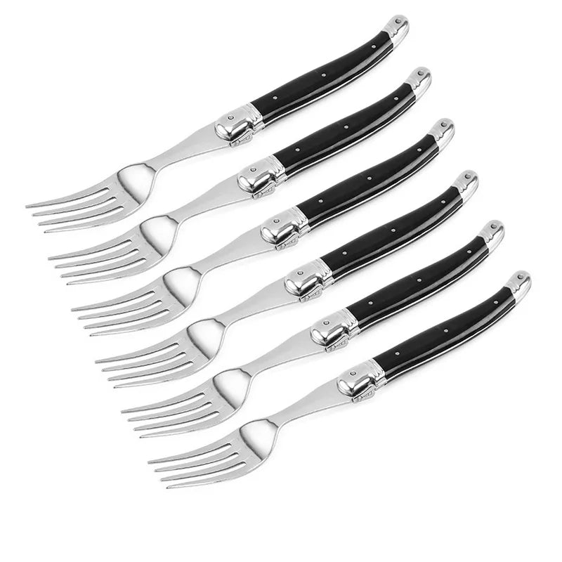 Laguiole Serrated Steak Knife & Fork Set | Black Handle Steel