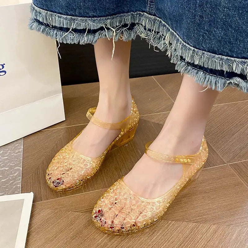 Glitter Jelly Mary Jane Wedge Sandals – Sparkly Ankle Strap
