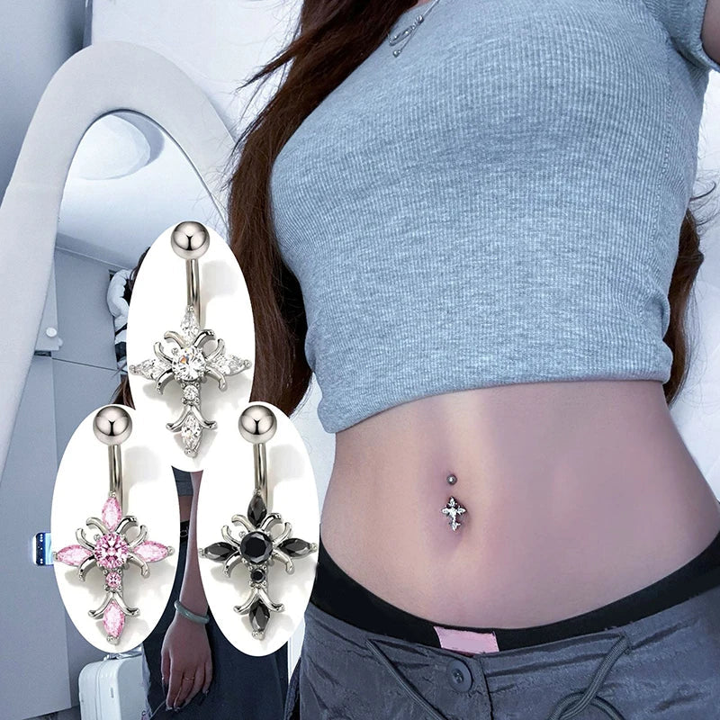 Cross Belly Button Ring – Titanium Navel Barbell | Gold & Silver