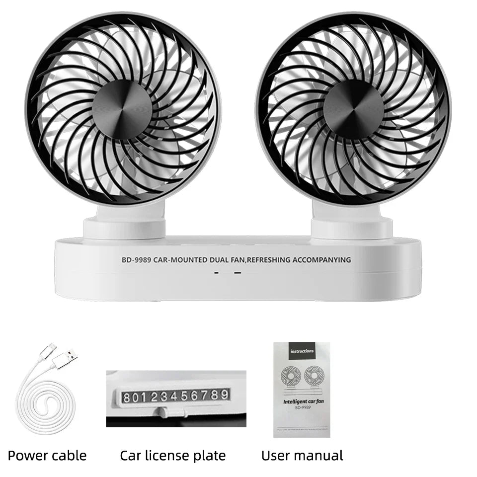 URGGU Dual Head USB Car Fan – 360° Adjustable, 3 Speeds