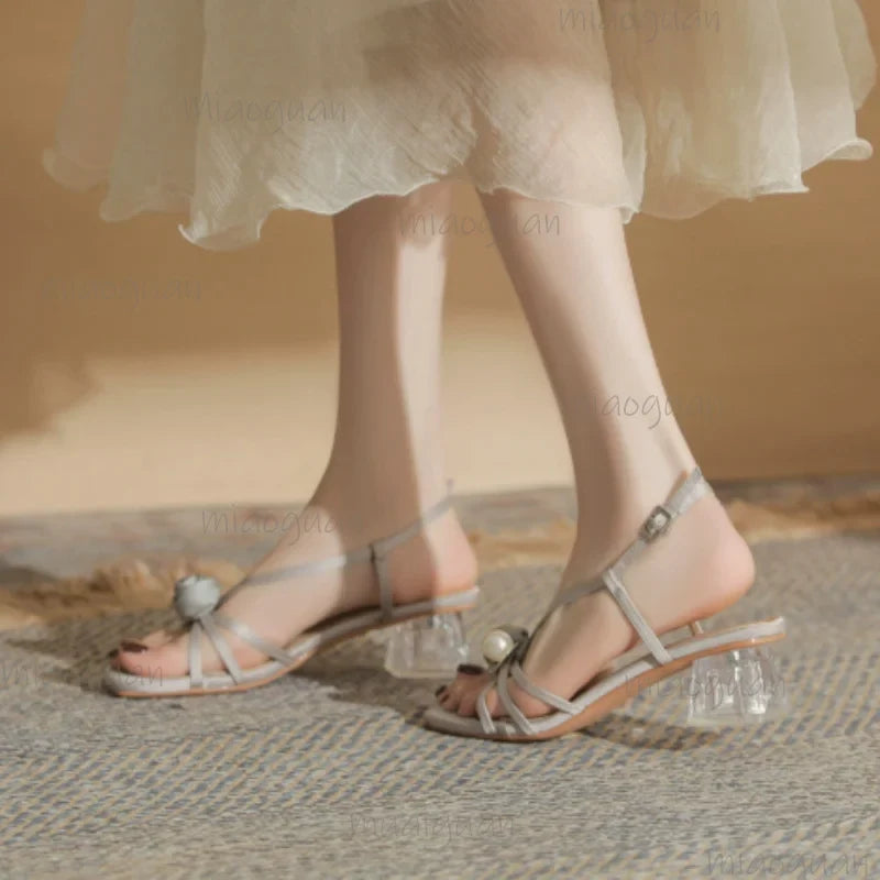 Camellia Pearl Rhinestone High Heel Sandals for Women