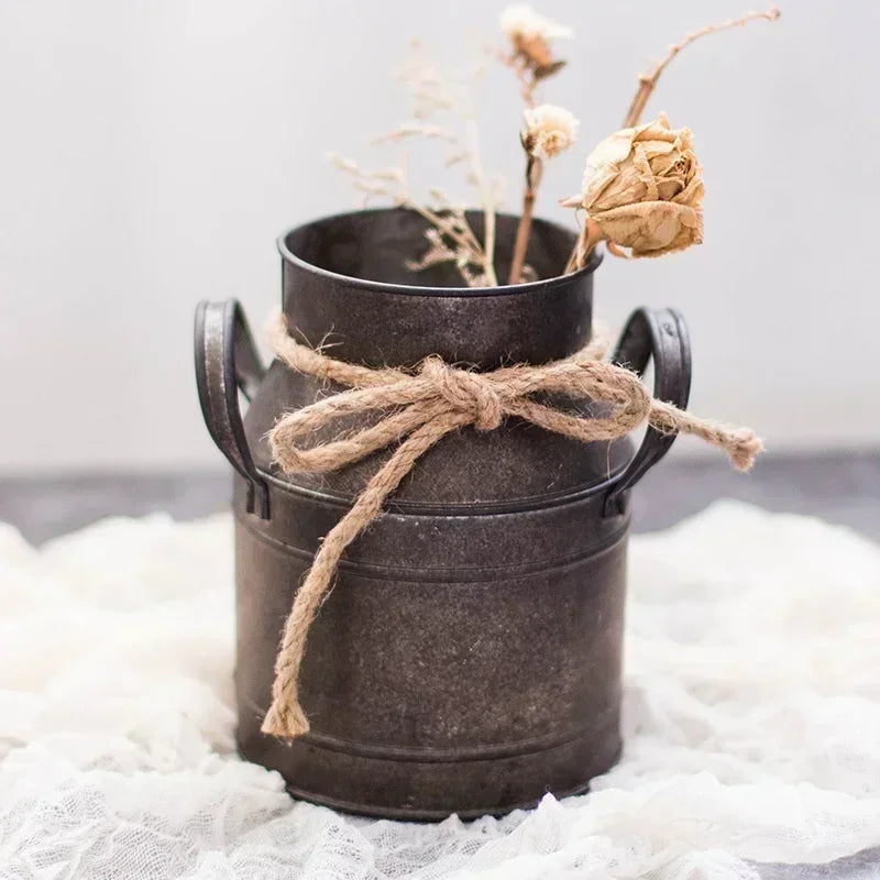 Retro Tin Flower Bucket Vase – Vintage Metal Milk Jug Planter