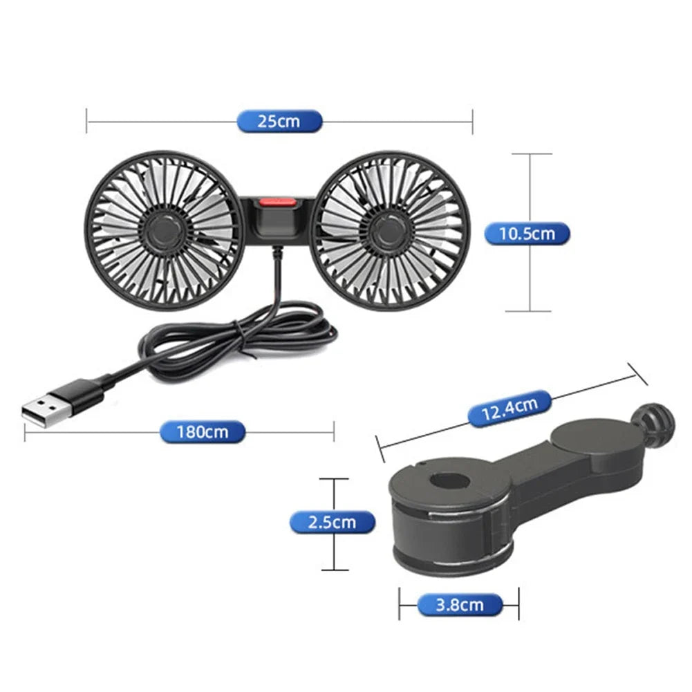 Car Fan 360 3-speed Seat Back Cooling USB Charge Dual Head Adjustable