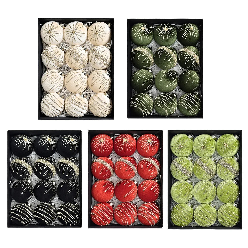 12-Piece Flocked Velvet Christmas Ball Ornaments | 8cm Set