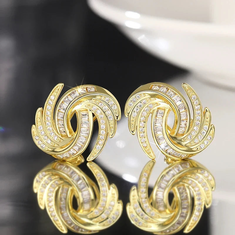 Huitan Gold Cubic Zirconia Stud Earrings | Geometric Fashion