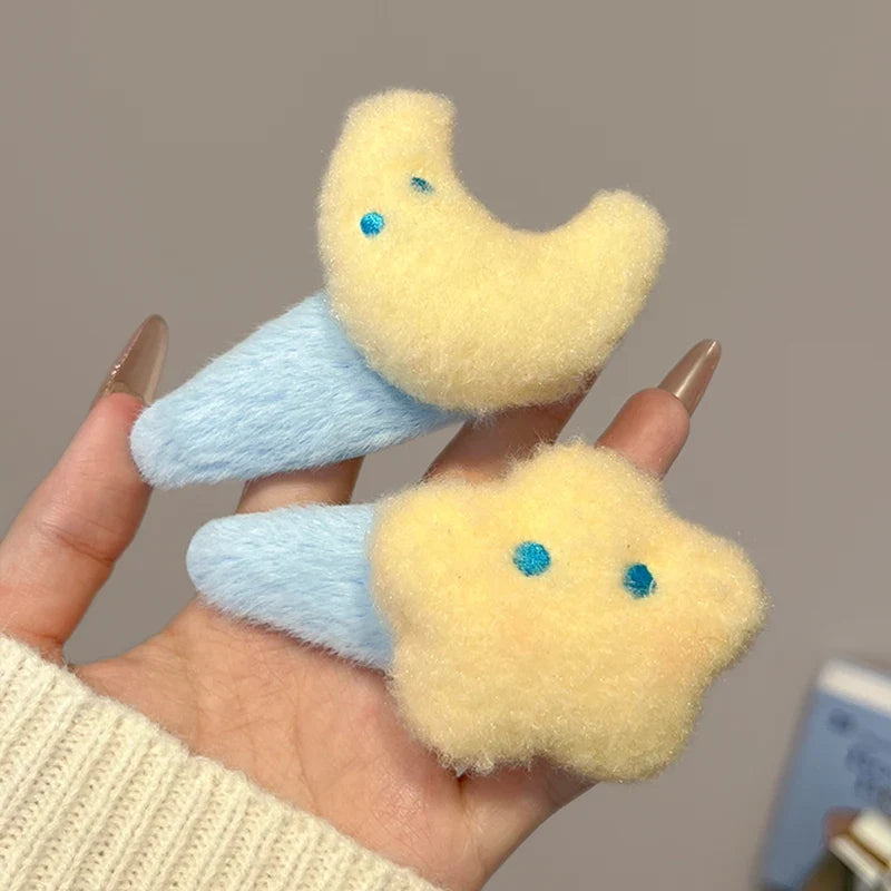 Cute Autumn Winter Plush Moon Star Hair Clip Womens Side Bangs