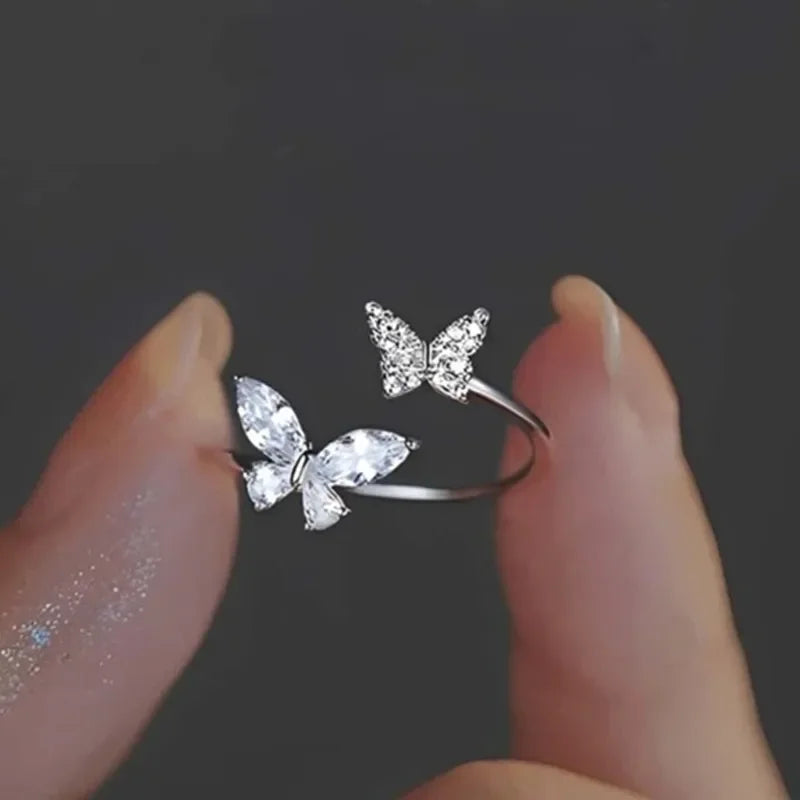 Huitan Butterfly Opening Ring Women – Silver CZ Fashion Jewelry