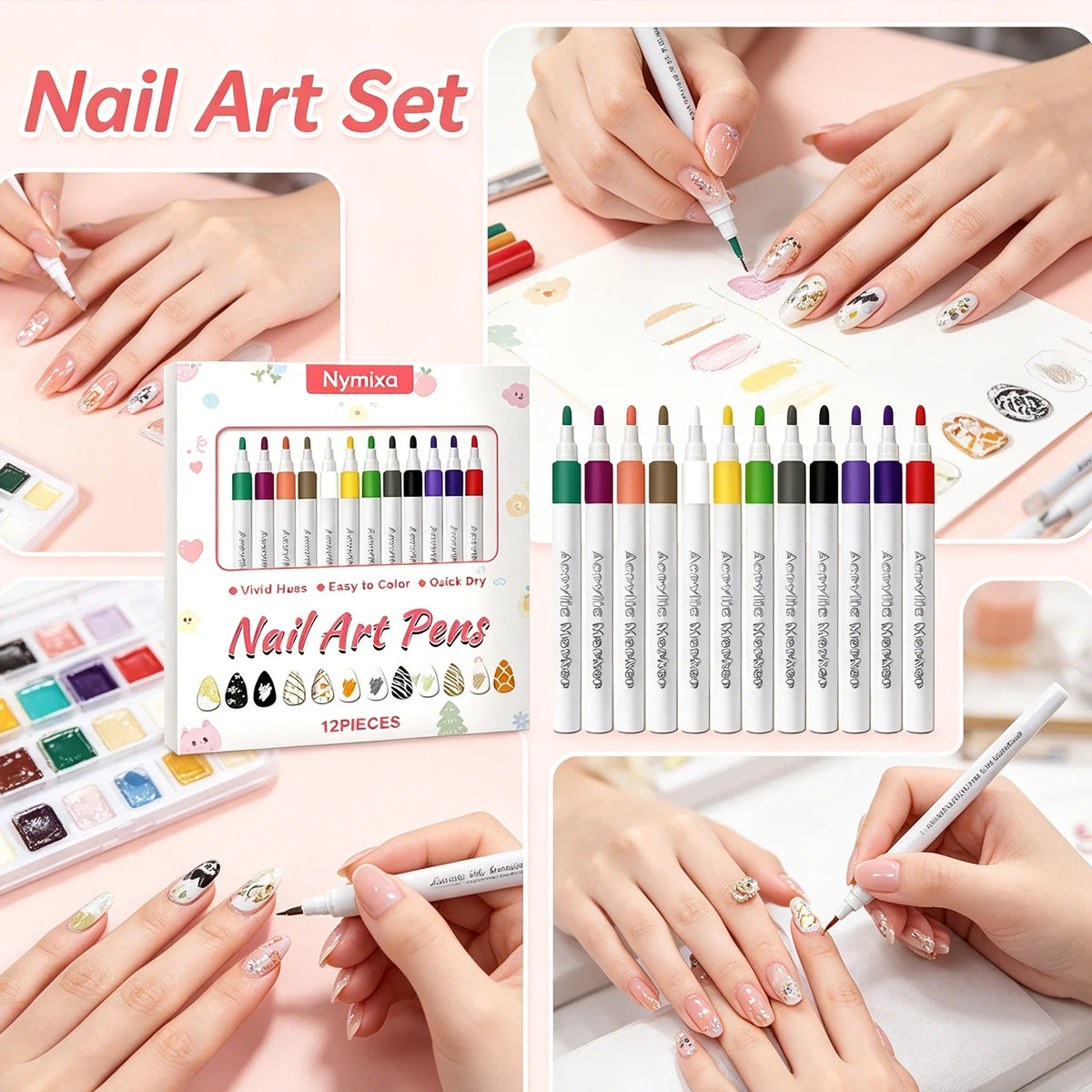 12-Piece Multicolor Nail Art Pen Set – Waterproof DIY Manicure
