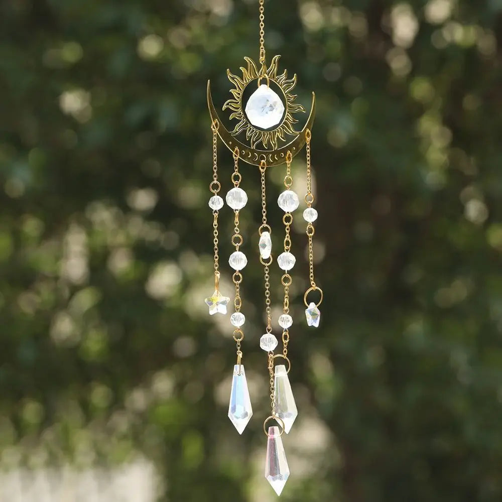 Golden Flame Moon Crystal Suncatcher Pendant – Rainbow Decor