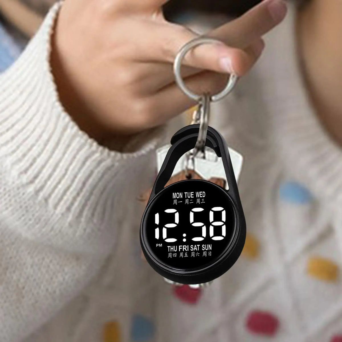 Digital Pocket Watch LED Night Glow Waterproof Keychain Clip