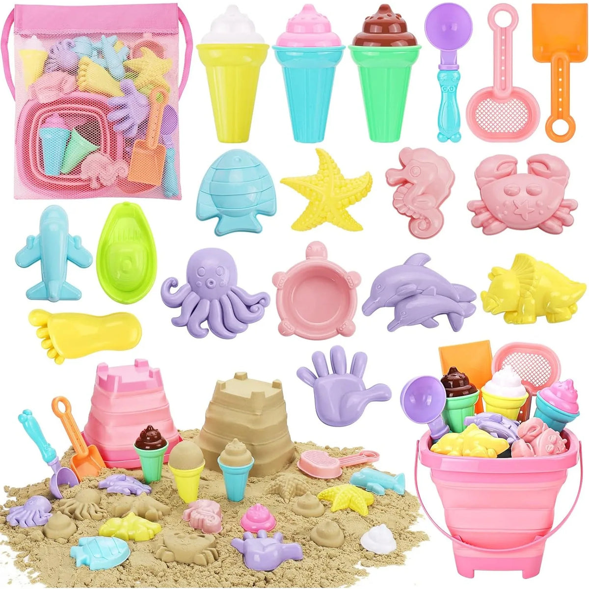 20-Piece Kids Beach Toys Set | Sand Molds, Ice Cream & Bucket