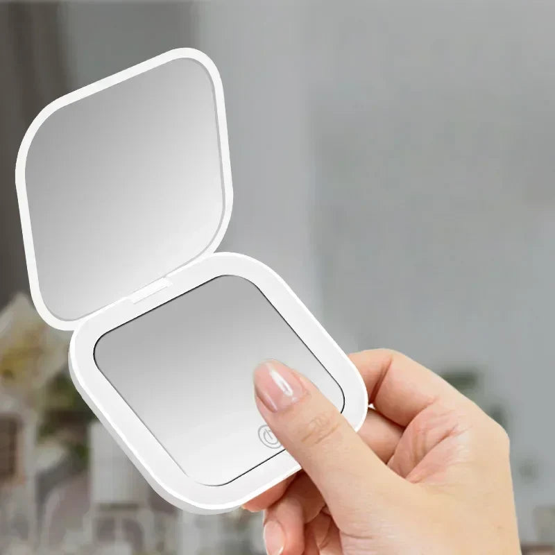 Portable LED Makeup Mirror 2X Magnifying Foldable Pocket Mirror