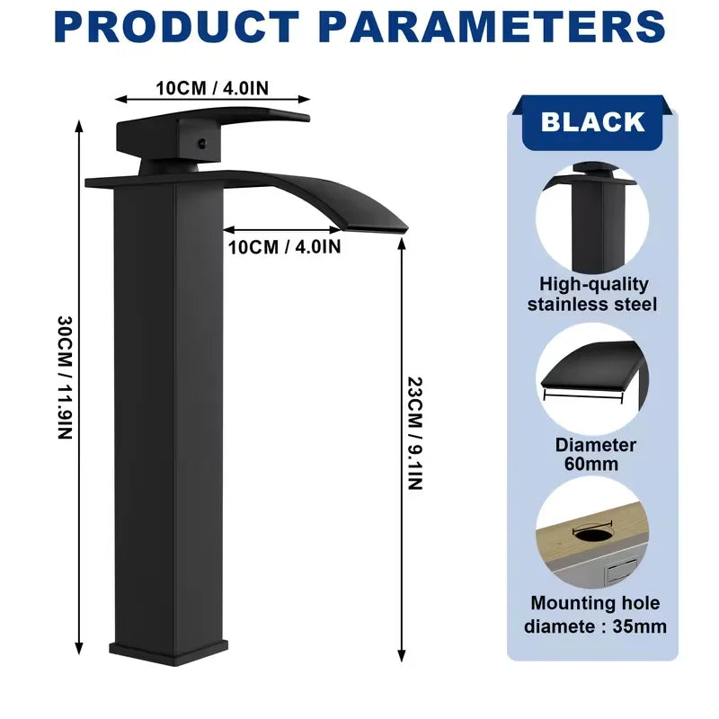 Black Tall Waterfall Bathroom Faucet | Single Hole Ceramic Valve