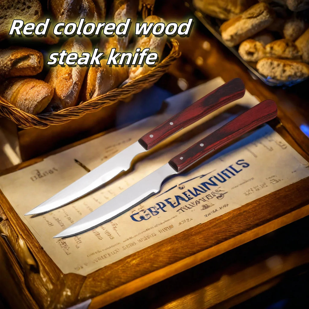 Serrated Steak Knife Set – Stainless Steel & Redwood Handle (1–12 Pc)