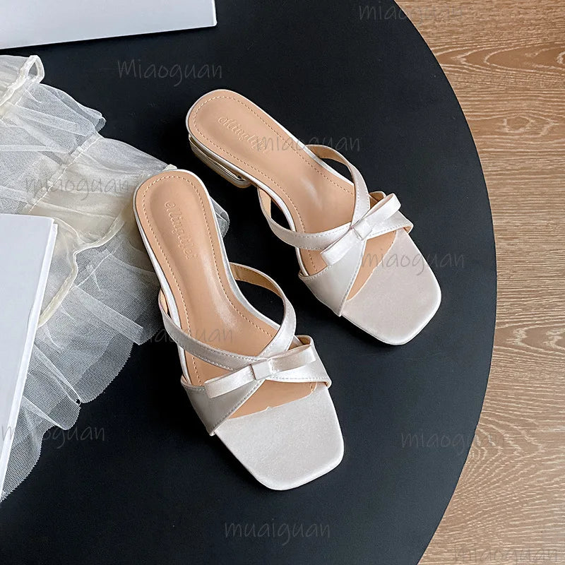 Women's Bow Low Heel Sandals – Summer Slip-On Party Shoes
