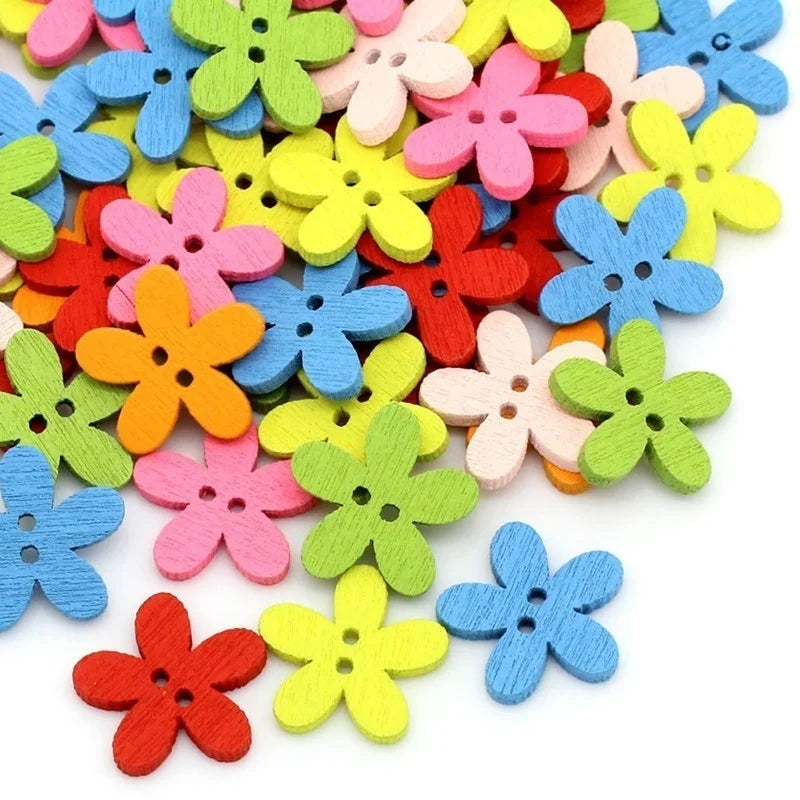 100 Pcs Flower Wooden Buttons 14x15mm – Mixed Color 2-Hole