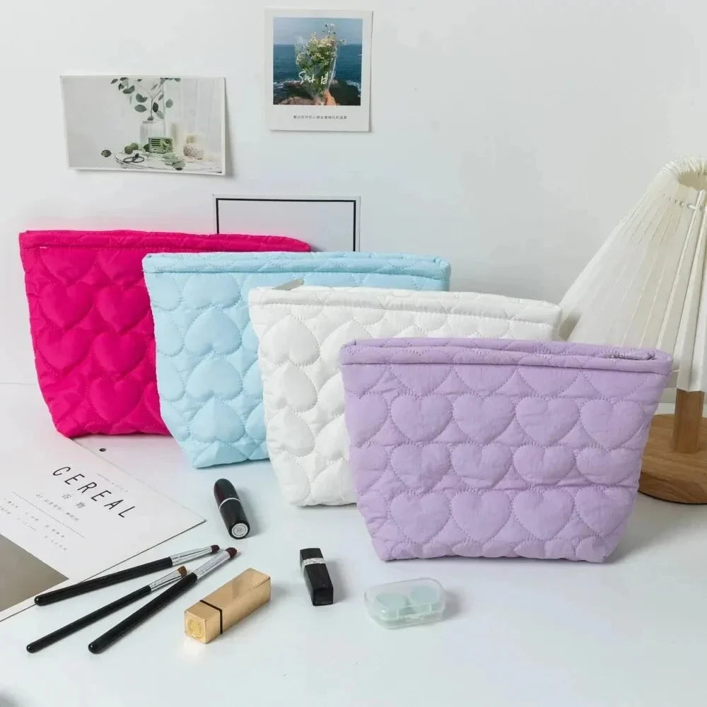 Korean Heart Quilted Cosmetic Bag | Large Capacity Makeup Organizer