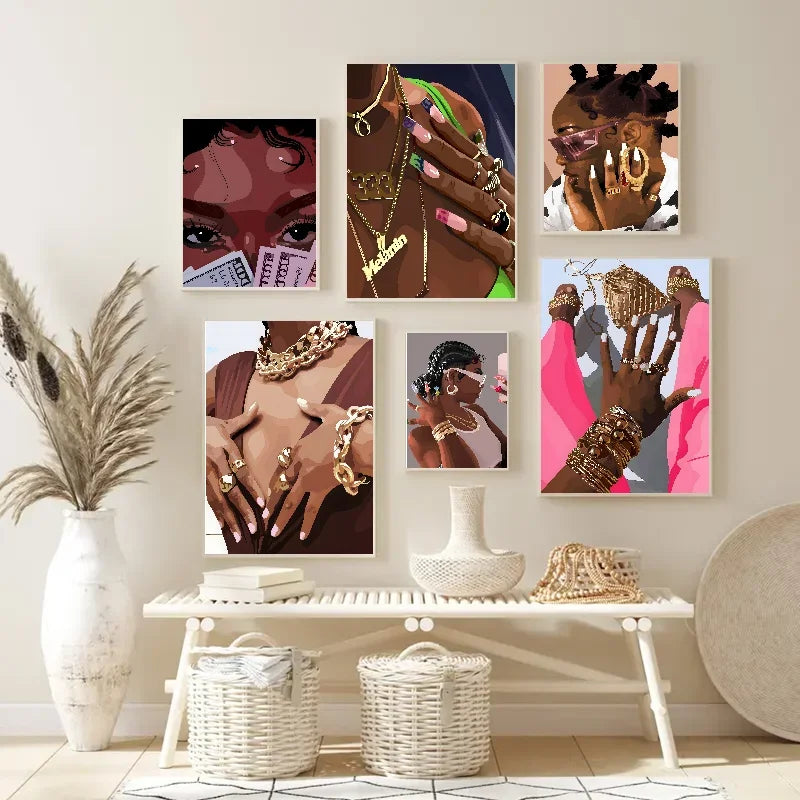 Hip Hop Black Girl Gold Jewelry Wall Poster | Self-Adhesive