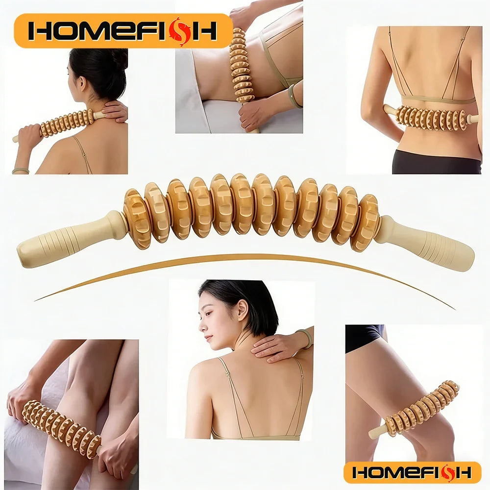 Anti-slip Handle Wooden Gear Arm Leg Hip Back Deep Massage Roller
