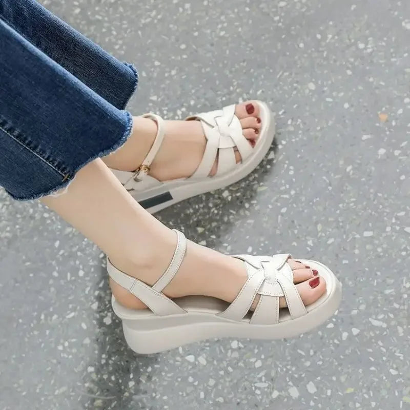 Women's Retro Hollow Button Open-Toe Wedge Sandals