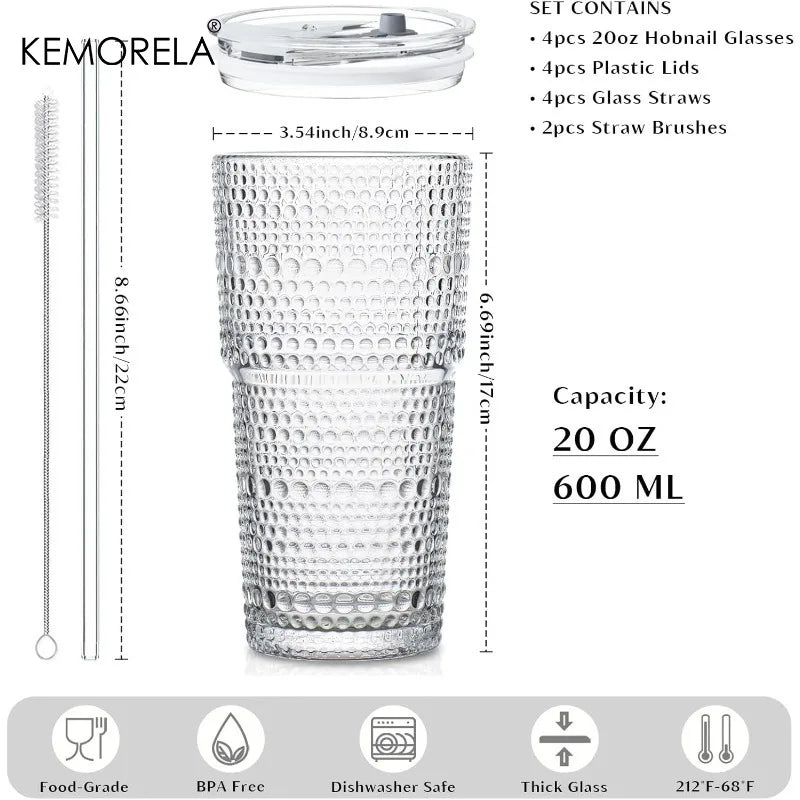 KEMORELA 600ml Hobnail Glass Tumbler with Lid & Straw