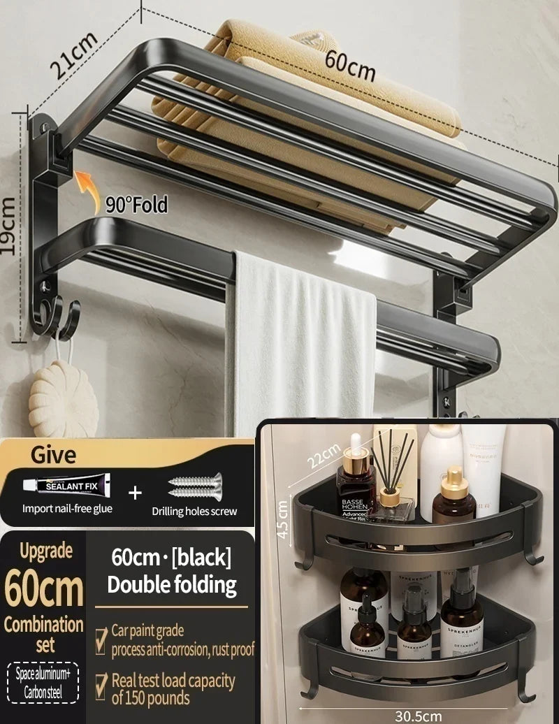 No-Drill Wall Mounted Bathroom Hardware Set | Towel Rack & Hook