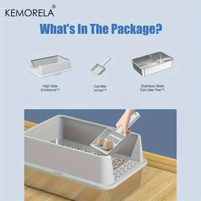 KEMORELA XL Stainless Steel Cat Litter Box with Lid & Scoop
