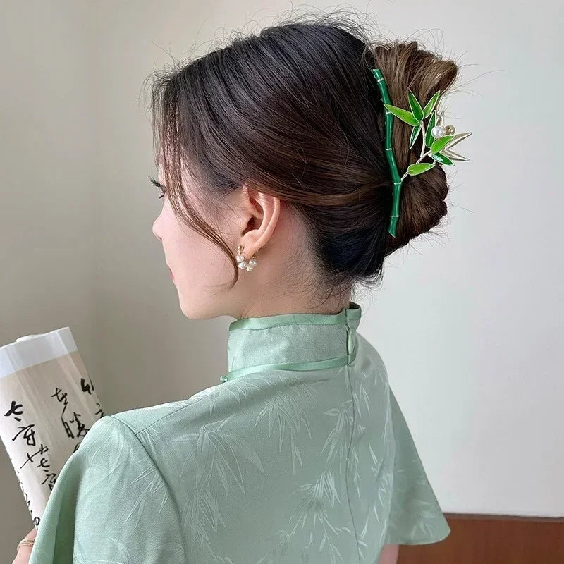 Chinese Vintage Retro Fresh Green Bamboo Fashion Pearl Metal Hair