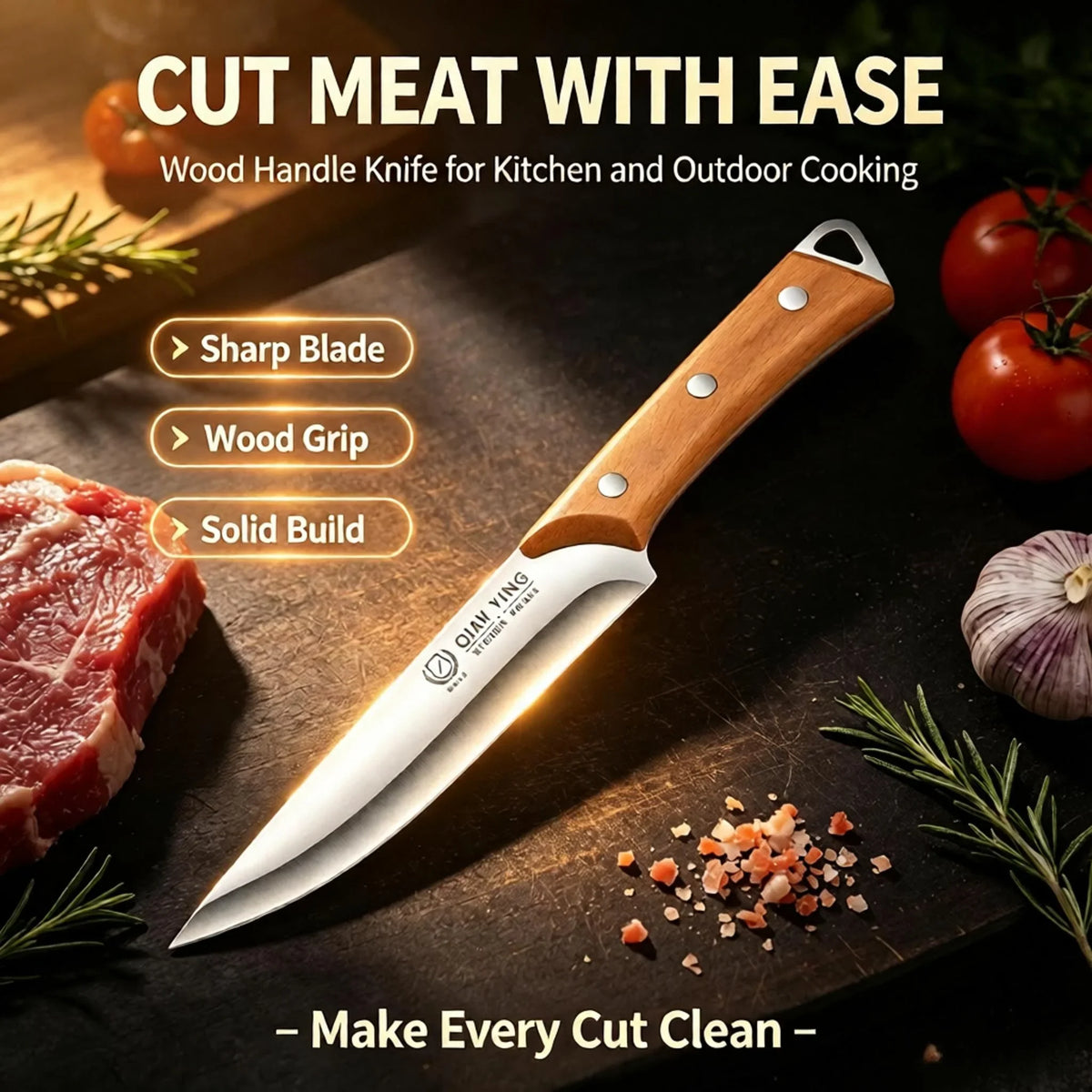 Stainless Steel Carving Knife – Wood Handle & Blade Guard