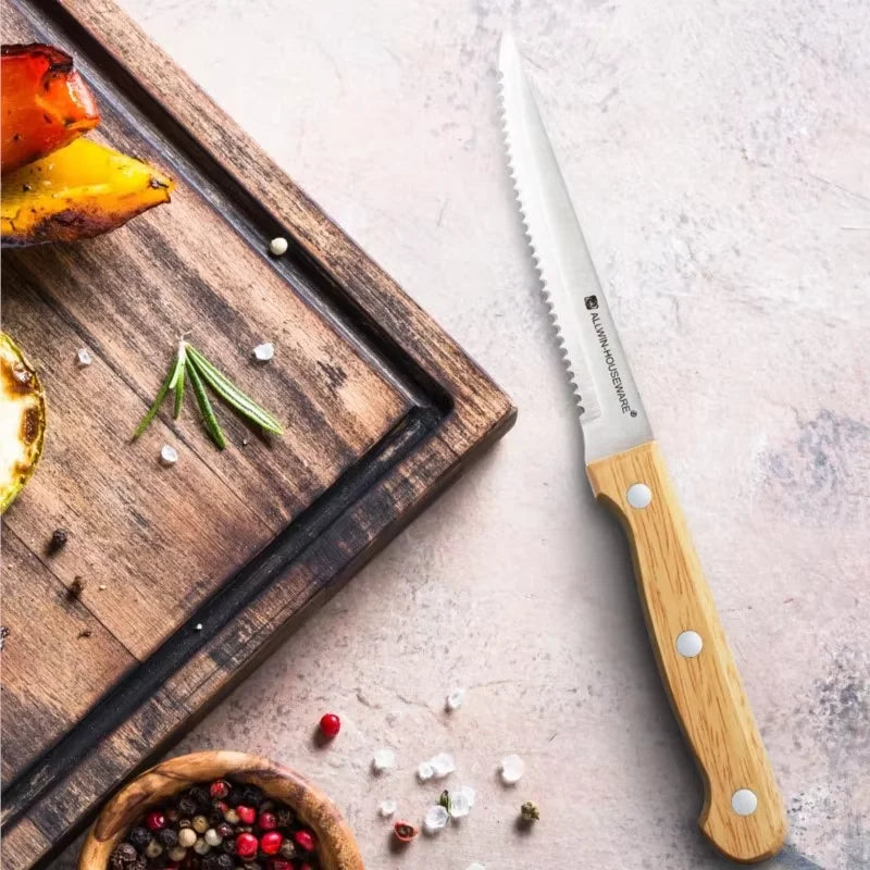 Serrated Steak Knives Set – Stainless Steel & Wood Handle