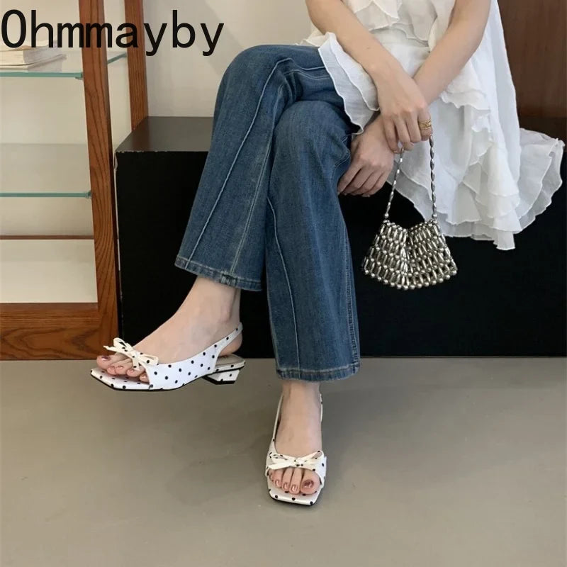 Polka Dot Bow Women's Slingback Sandals – Square Toe Low Heel