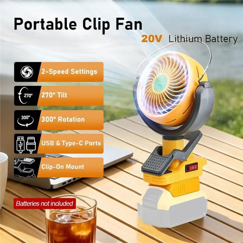 Cordless Clip Fan for DeWalt 20V/60V | 2-Speed Dual USB Fan