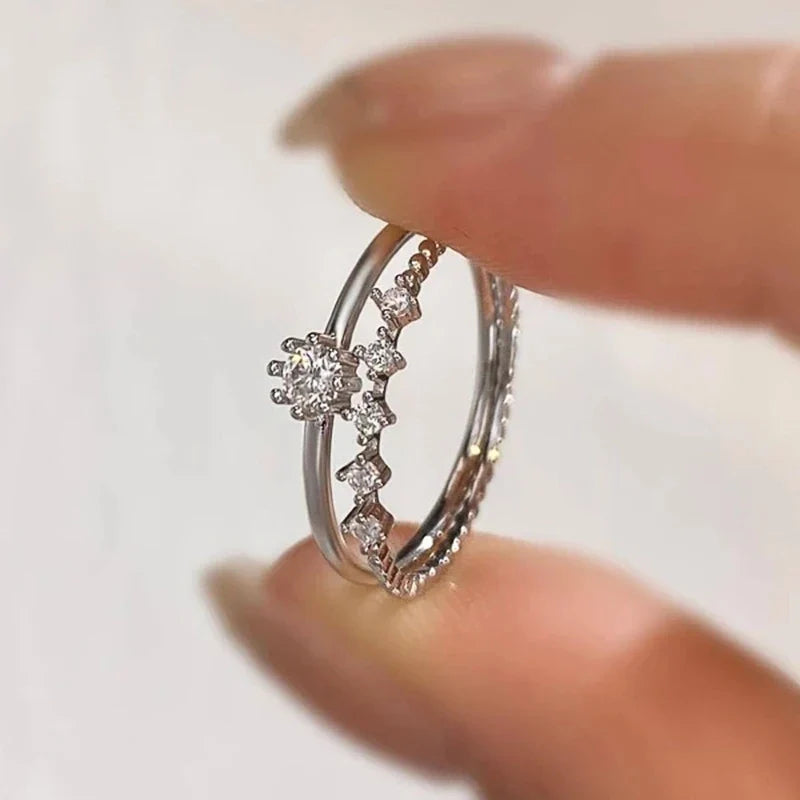 Huitan 2-Piece Stackable Silver CZ Thin Rings Set for Women