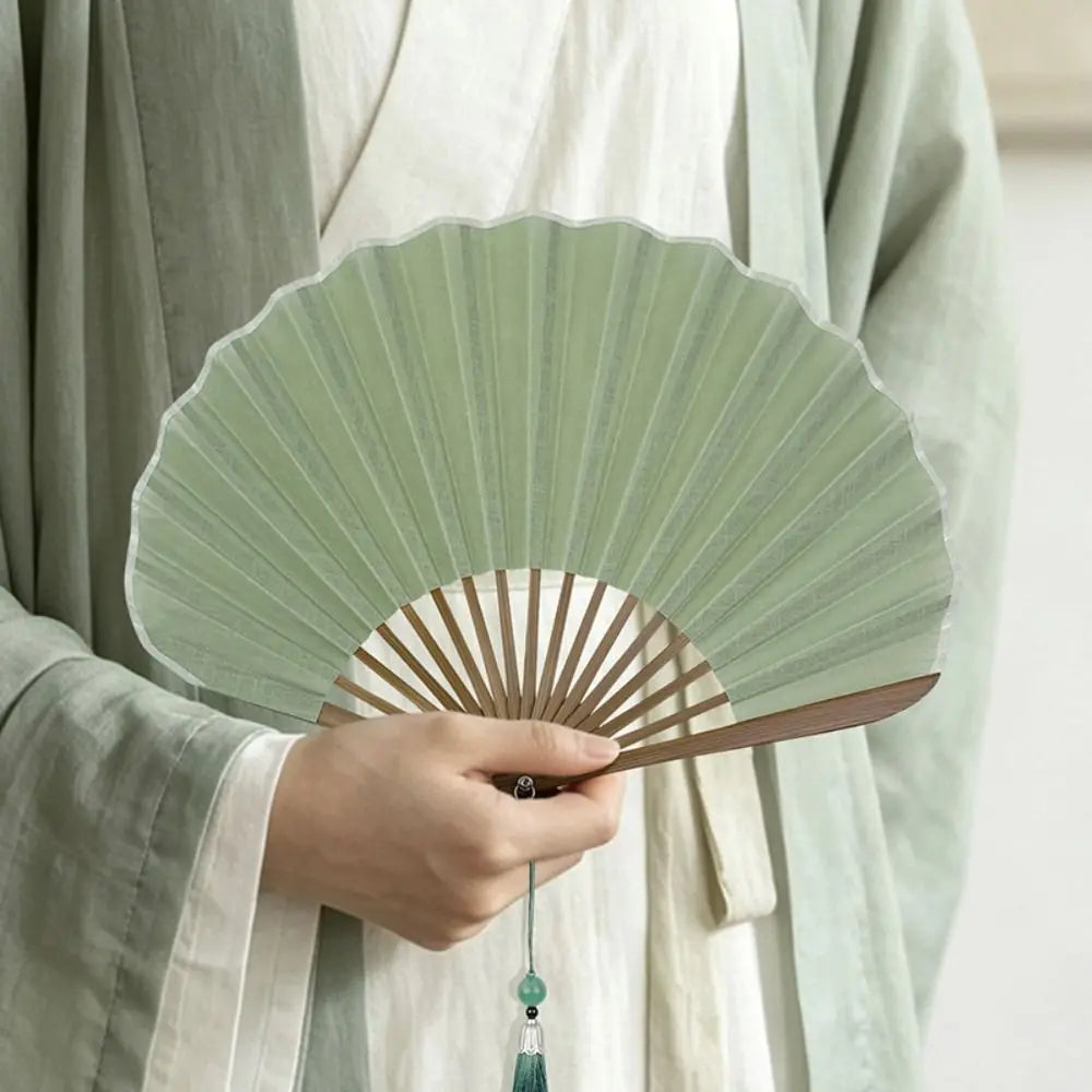 Shell-Shaped Folding Hand Fan | Bamboo & Cotton Linen Retro